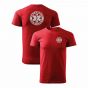 Bawełniana Koszulka T-Shirt z napisem RATOWNIK MEDYCZNY + Eskulap, czerwona, widok z przodu i z tyłu