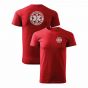 Bawełniana Koszulka T-Shirt z napisem TRANSPORT MEDYCZNY + Eskulap, czerwona, widok z przodu i z tyłu