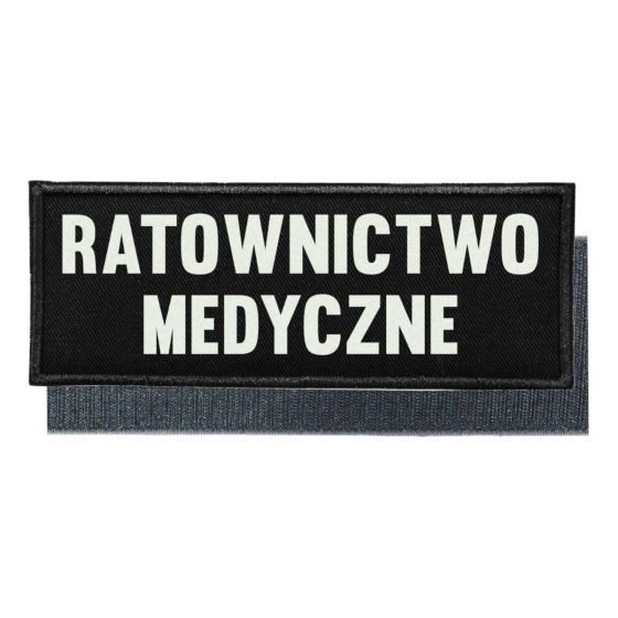 RATOWNICTWO MEDYCZNE / Naszywka Odblaskowa z rzepem, tło czarne, kolor liter srebrny odblaskowy