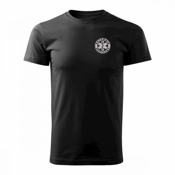 Bawełniana Koszulka T-Shirt z napisem RATOWNIK MEDYCZNY + Eskulap, czarna, widok z przodu